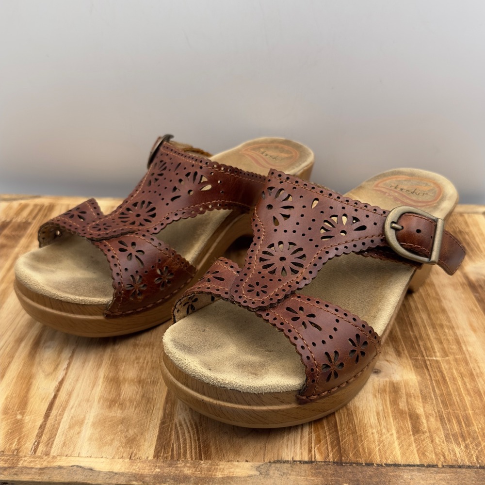 Dansko Sapphire Brown Leather Laser Cut Floral Platform Clogs Sandals 36 US 5.5